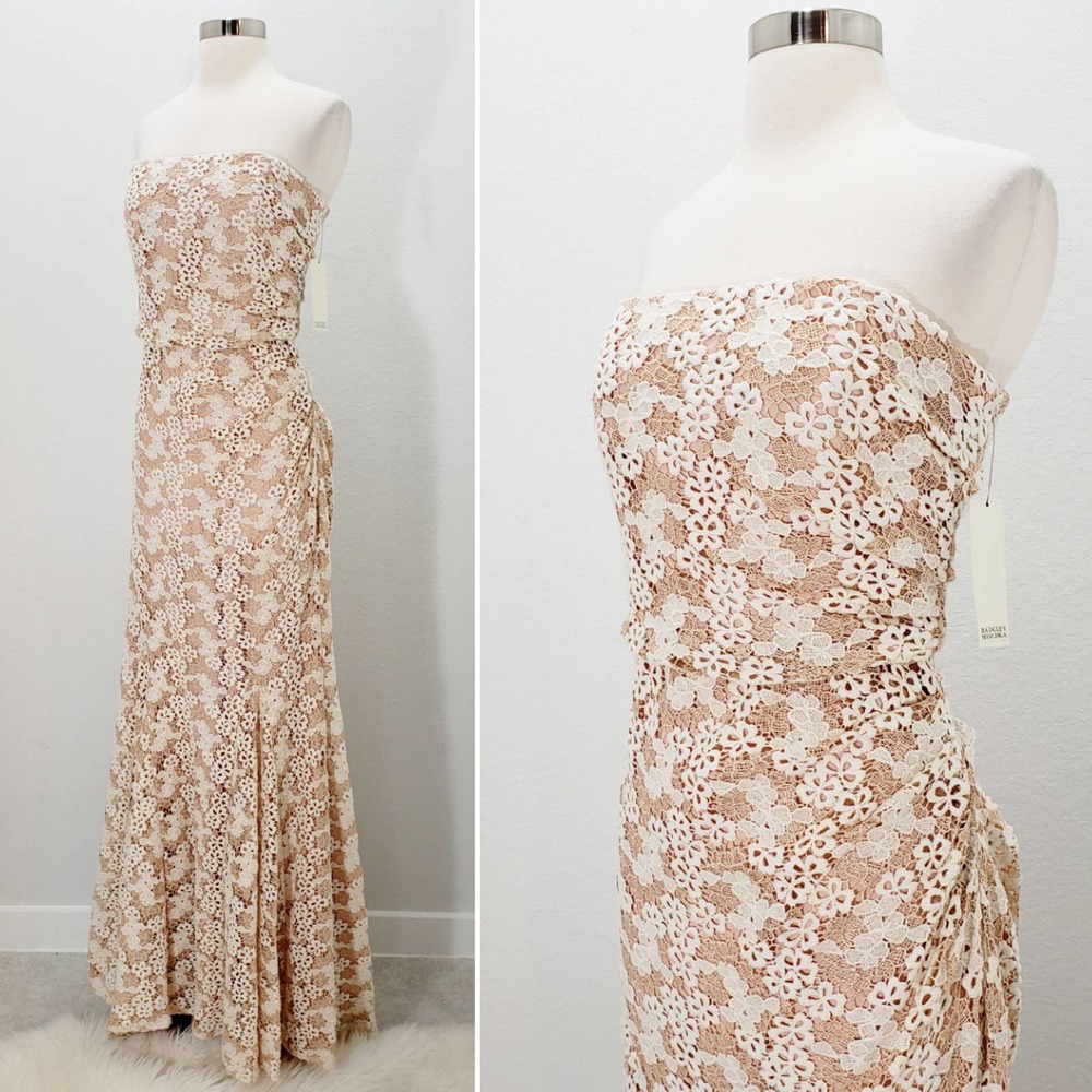 NWT Badgley Mischka Strapless Lace Dress Blush 10